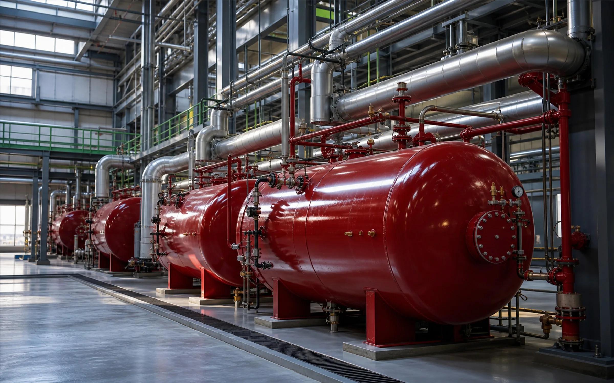 Red industrial equipment protected by an industrial metal coating system