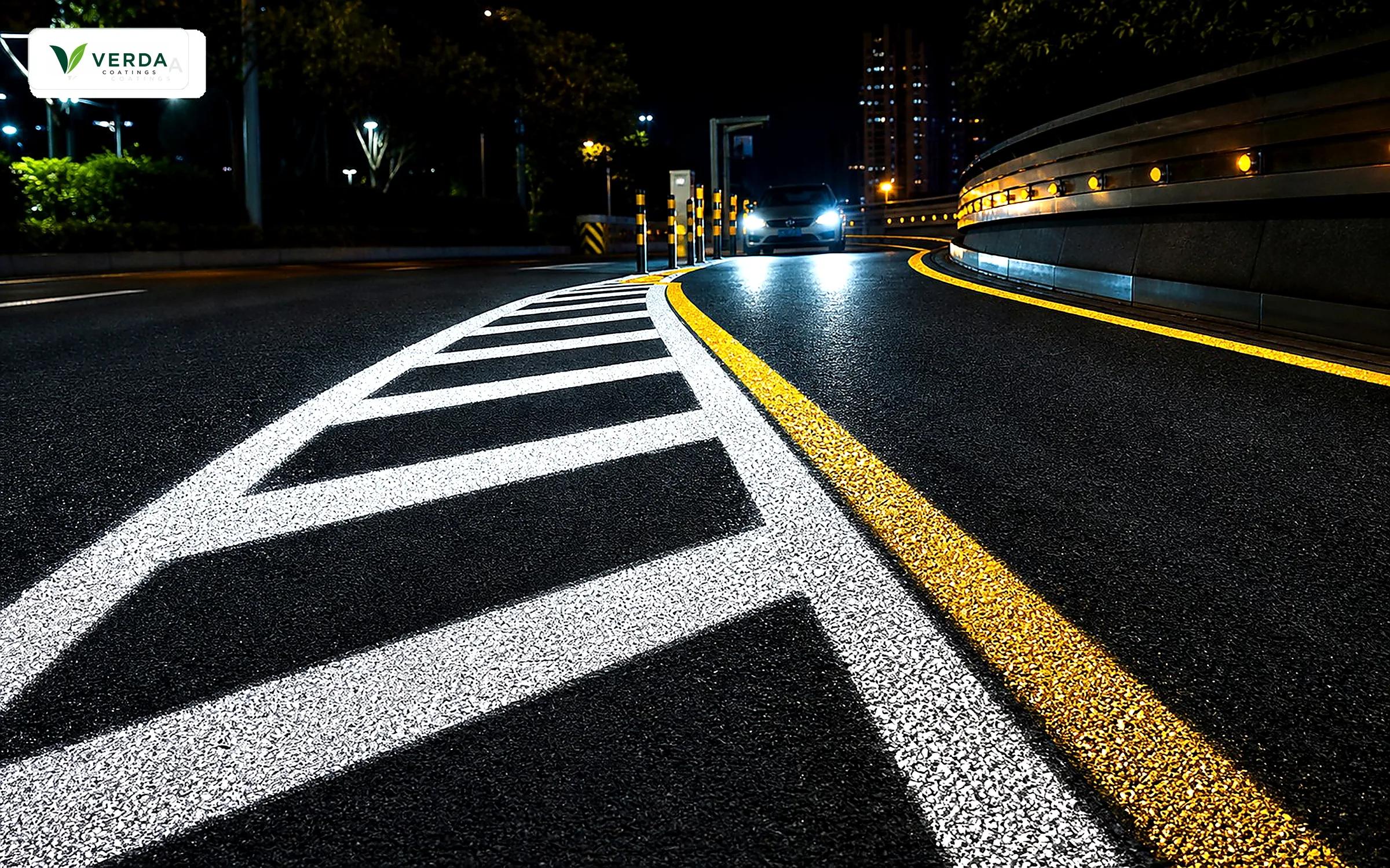 Reflective road marking visible at night in parking area