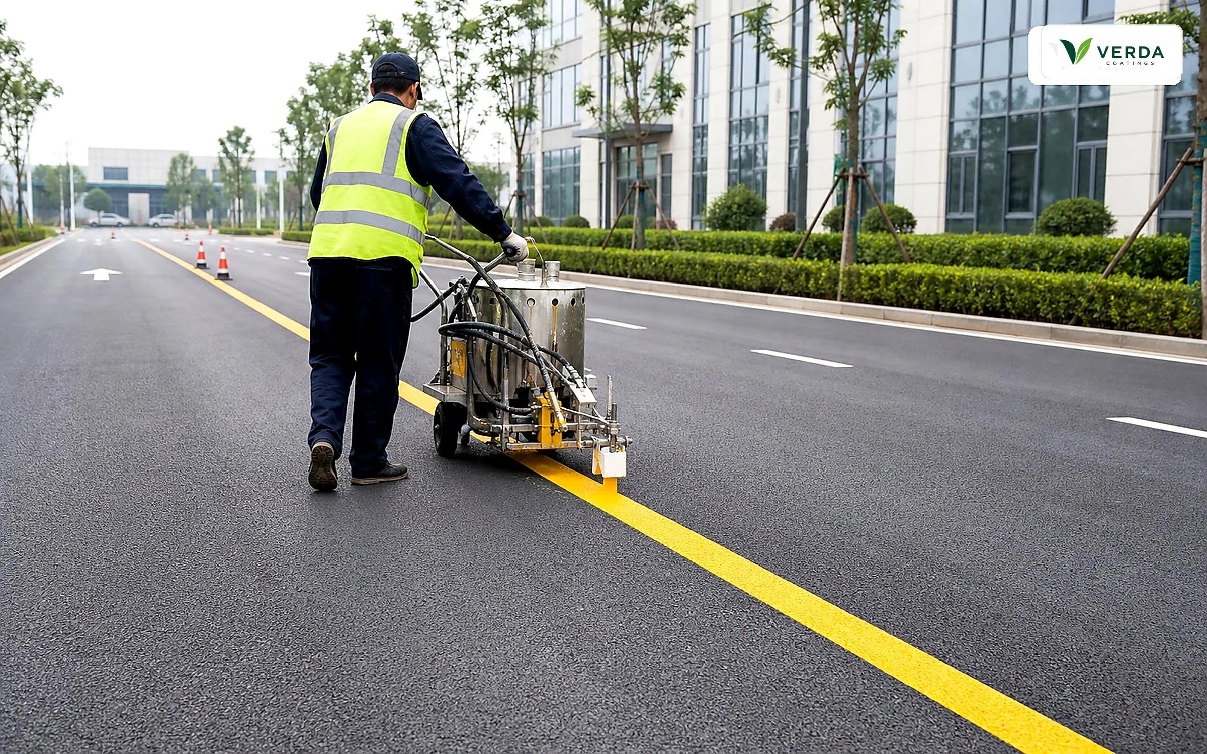 Road marking machine applying VERDA traffic marking paint