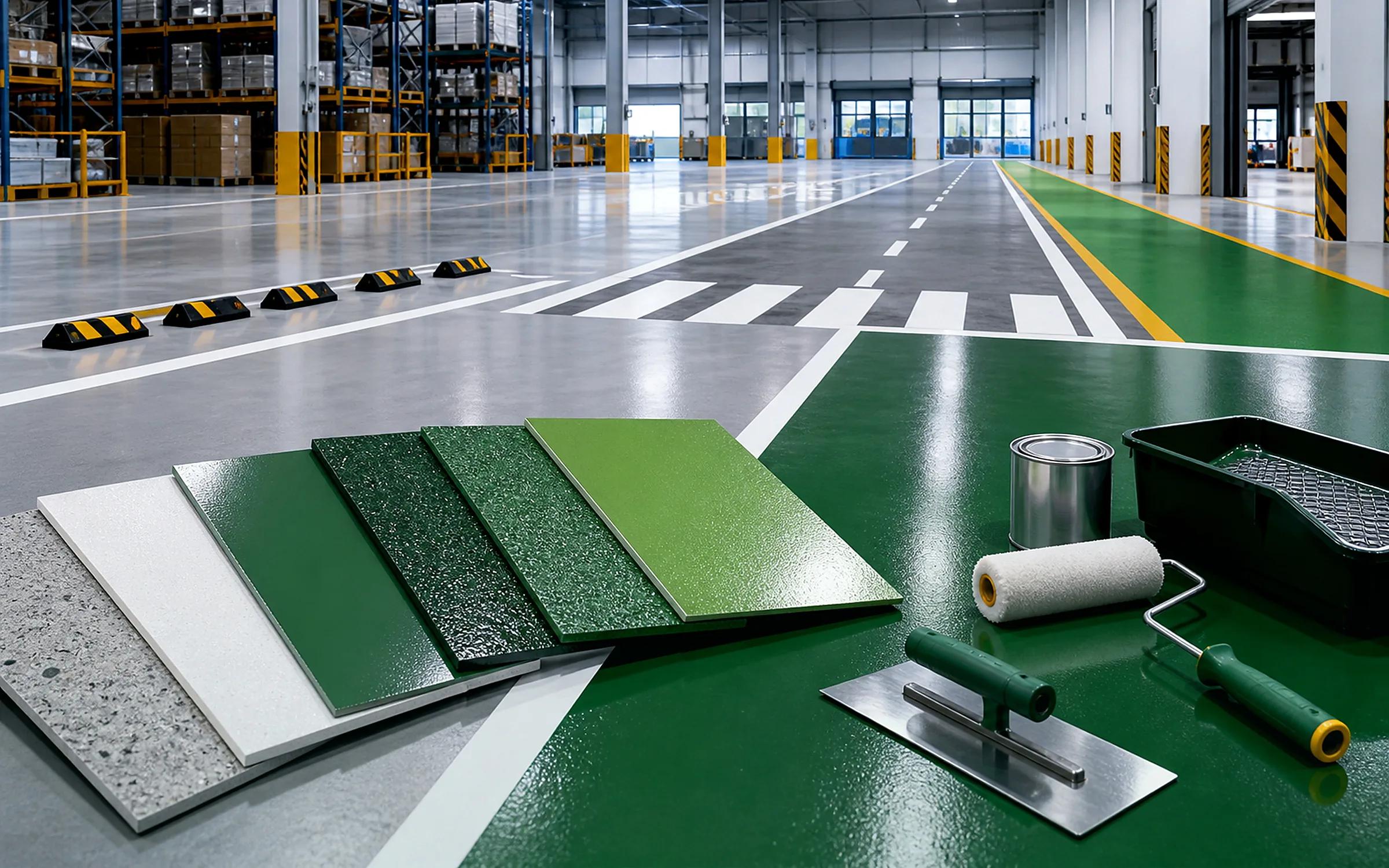 High-resolution VERDA industrial floor coating system with coating samples and marked traffic lanes