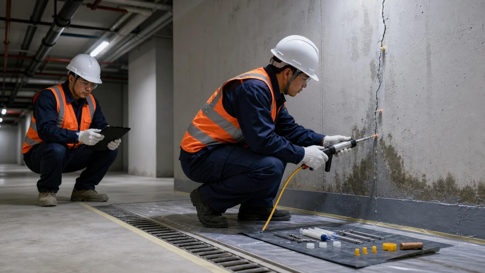 Basement crack repair and grouting waterproofing scene